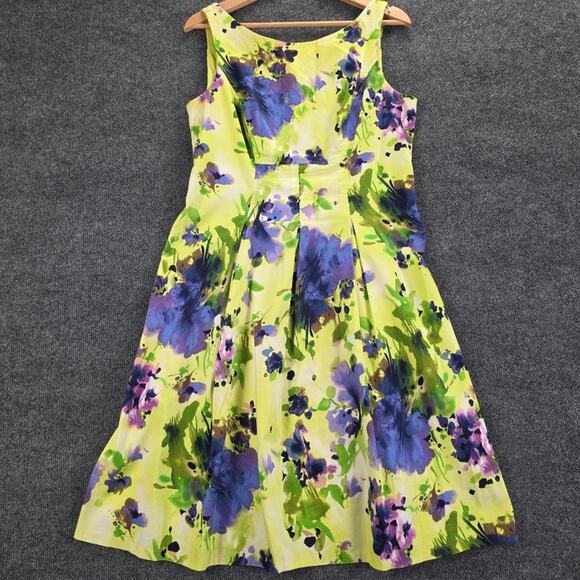 Nine West Dress Womens 10 Chartreuse Lime Green Purple Floral Fit & Flare Pleate - Picture 9 of 9